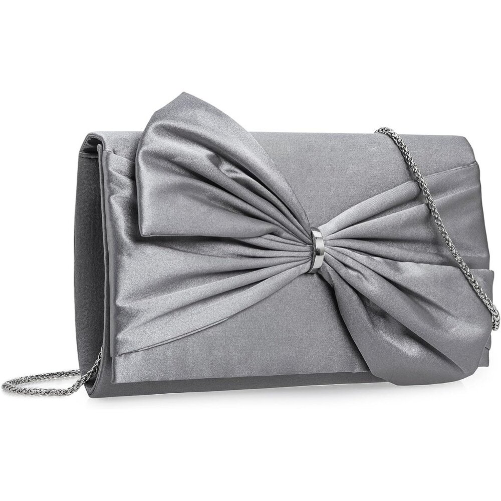 ⚡ Women's Elegant Evening Gray Satin Bow Shoulder Chain Strap Clutch Handbag